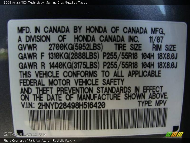 Sterling Gray Metallic / Taupe 2008 Acura MDX Technology