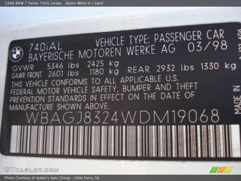 Alpine White III / Sand 1998 BMW 7 Series 740iL Sedan