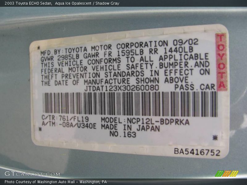 Aqua Ice Opalescent / Shadow Gray 2003 Toyota ECHO Sedan