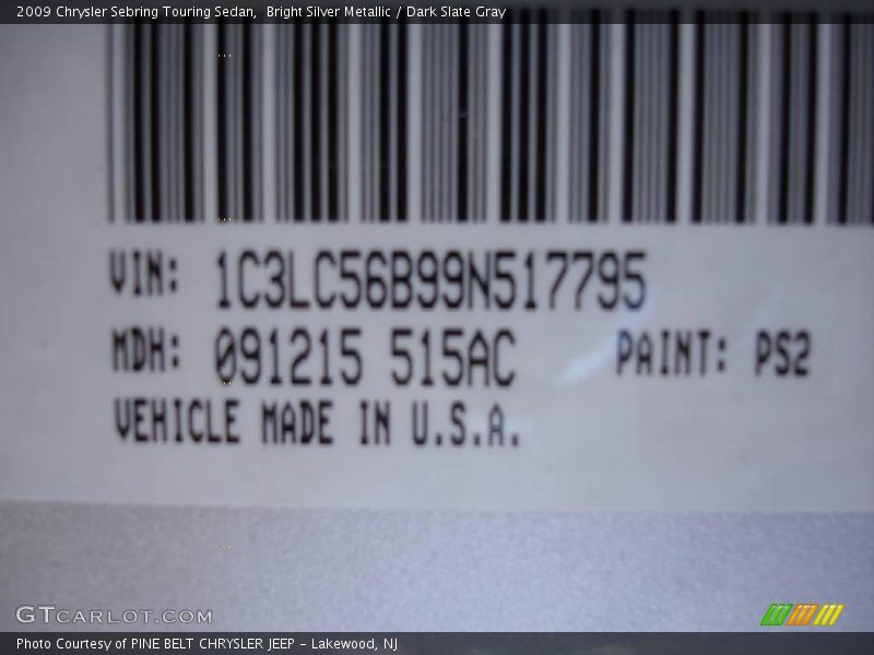 Bright Silver Metallic / Dark Slate Gray 2009 Chrysler Sebring Touring Sedan