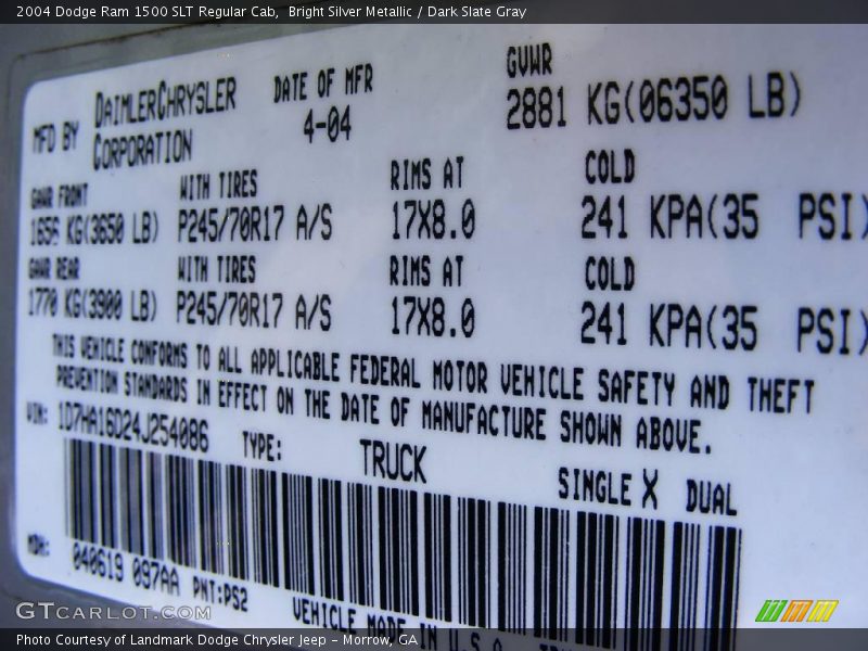 Bright Silver Metallic / Dark Slate Gray 2004 Dodge Ram 1500 SLT Regular Cab