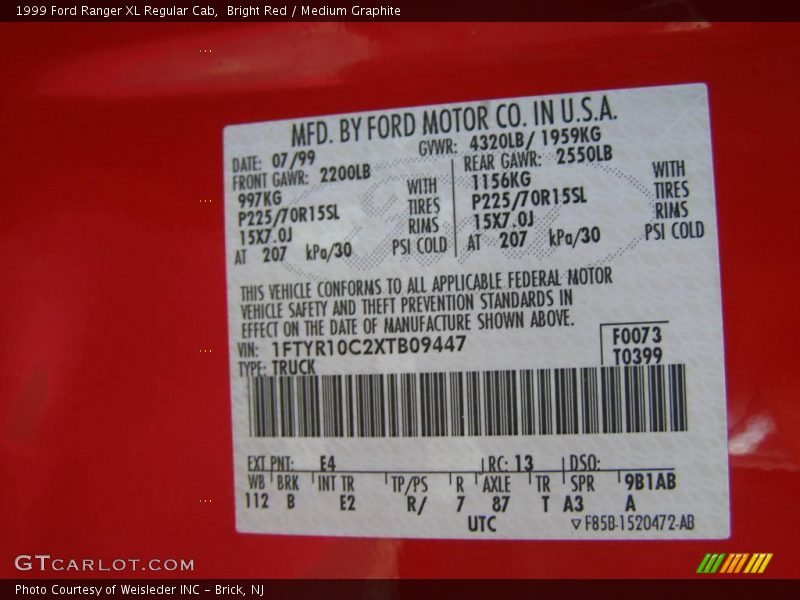 Bright Red / Medium Graphite 1999 Ford Ranger XL Regular Cab