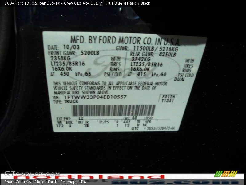 True Blue Metallic / Black 2004 Ford F350 Super Duty FX4 Crew Cab 4x4 Dually