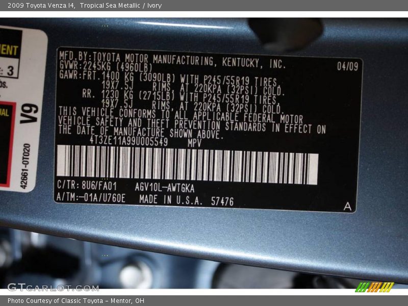 Tropical Sea Metallic / Ivory 2009 Toyota Venza I4