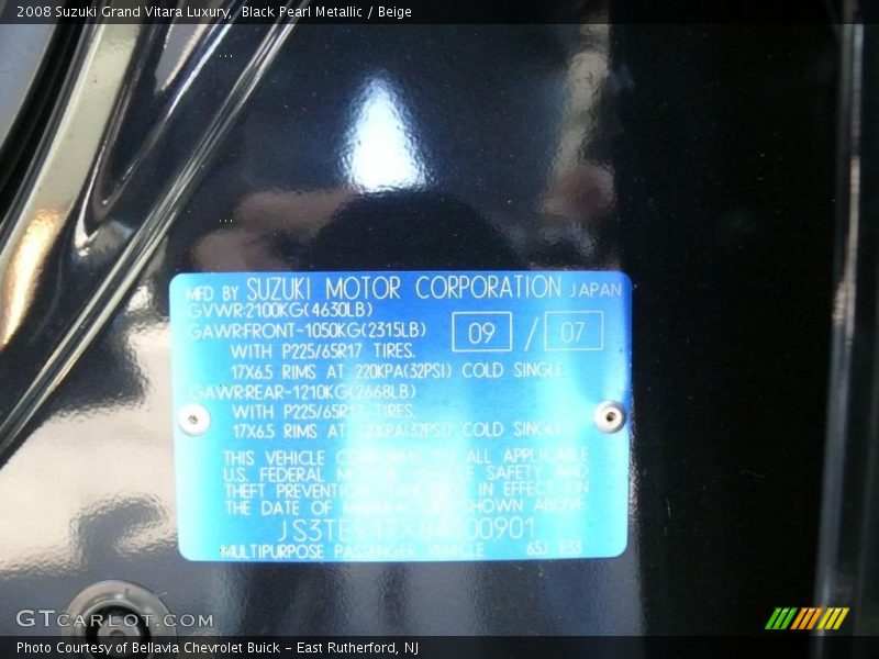 Black Pearl Metallic / Beige 2008 Suzuki Grand Vitara Luxury