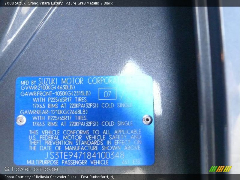 Azure Grey Metallic / Black 2008 Suzuki Grand Vitara Luxury