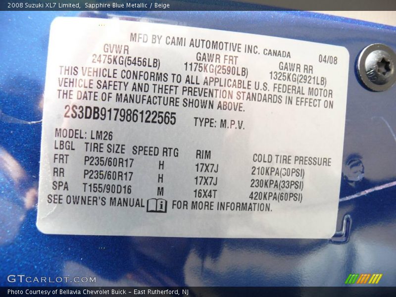 Sapphire Blue Metallic / Beige 2008 Suzuki XL7 Limited
