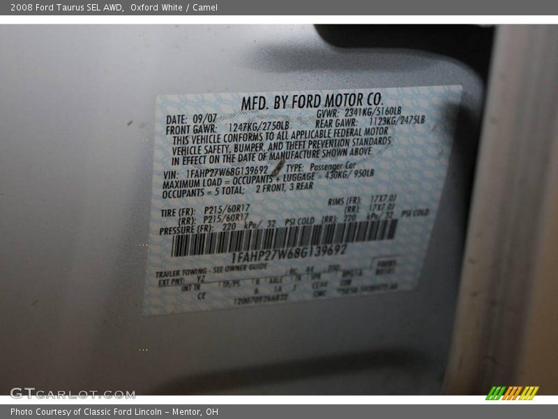 Oxford White / Camel 2008 Ford Taurus SEL AWD