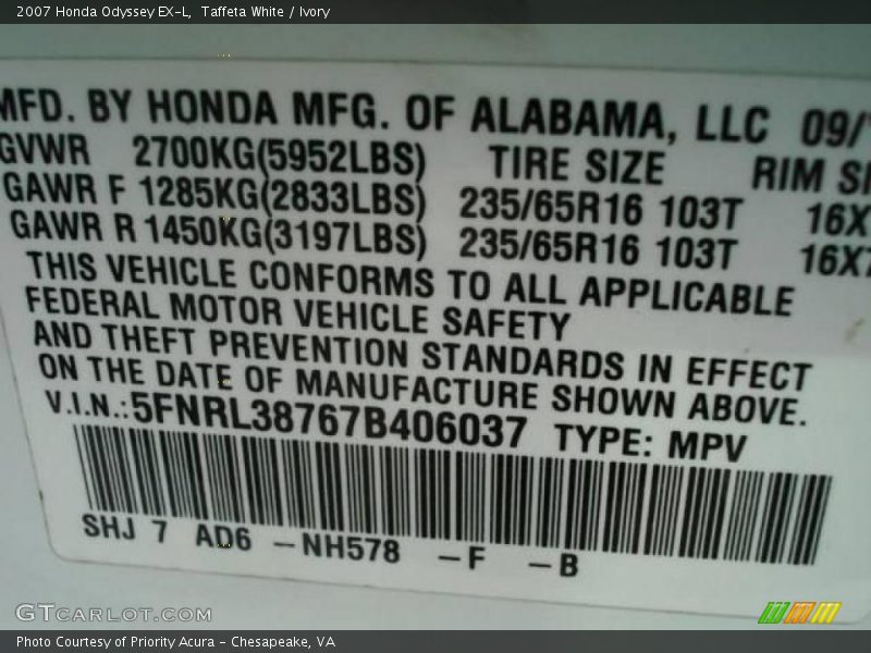 Taffeta White / Ivory 2007 Honda Odyssey EX-L