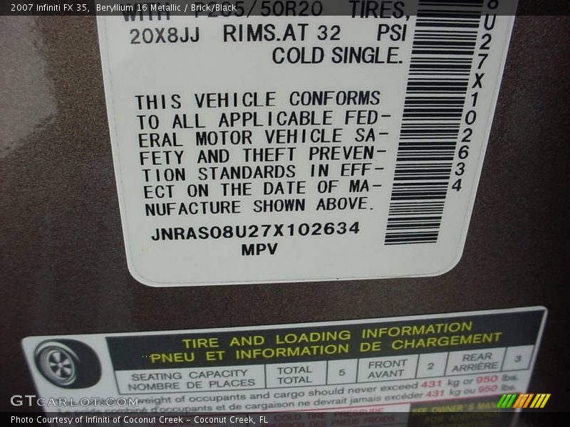 Beryllium 16 Metallic / Brick/Black 2007 Infiniti FX 35