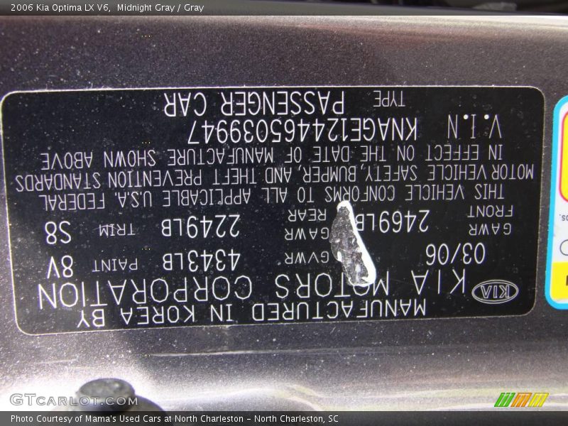 Midnight Gray / Gray 2006 Kia Optima LX V6