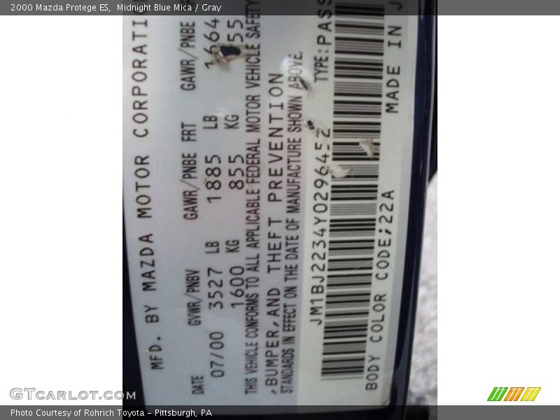 Midnight Blue Mica / Gray 2000 Mazda Protege ES