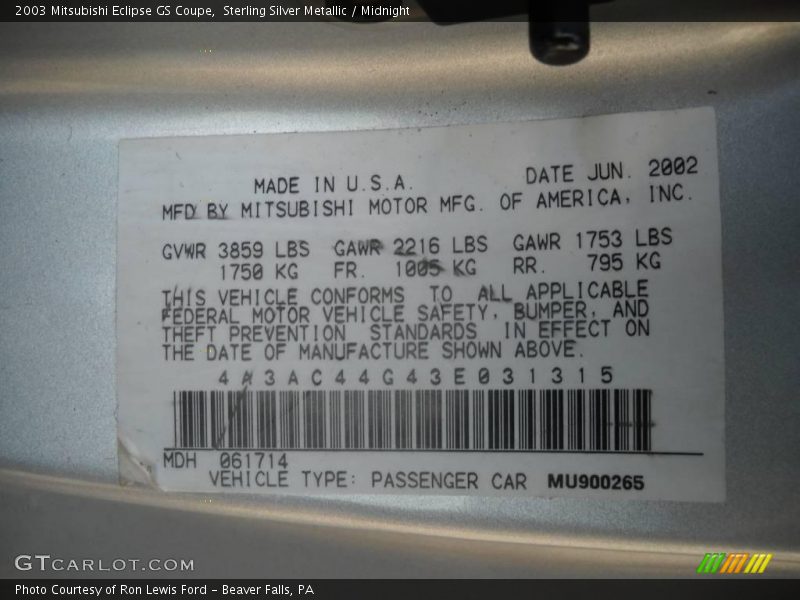 Sterling Silver Metallic / Midnight 2003 Mitsubishi Eclipse GS Coupe