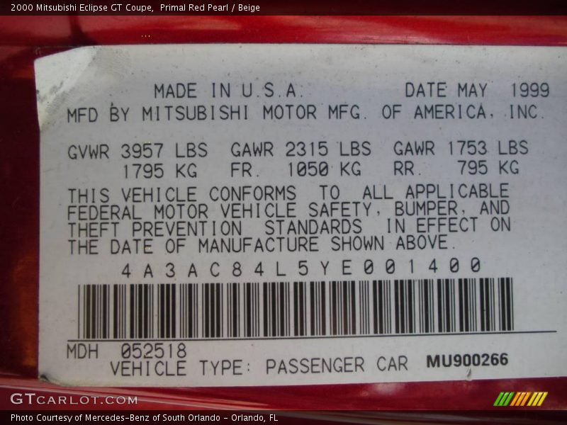 Primal Red Pearl / Beige 2000 Mitsubishi Eclipse GT Coupe
