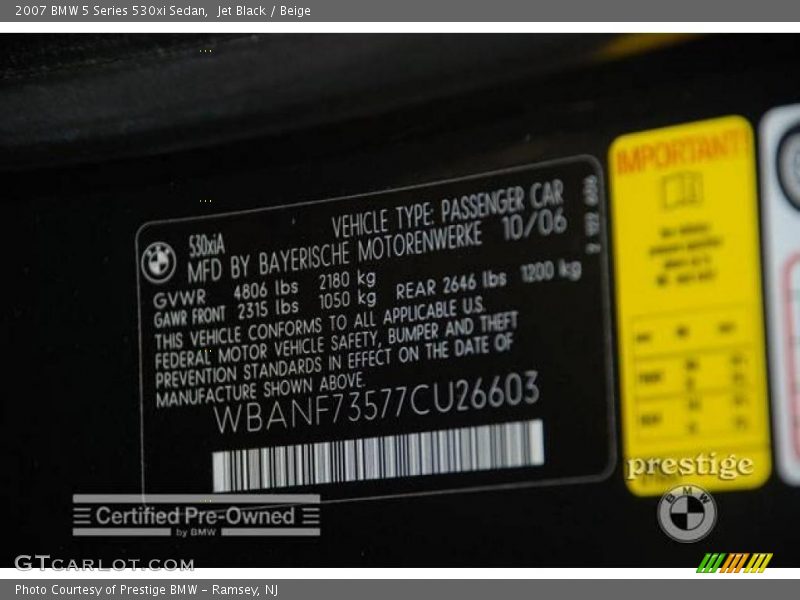 Jet Black / Beige 2007 BMW 5 Series 530xi Sedan