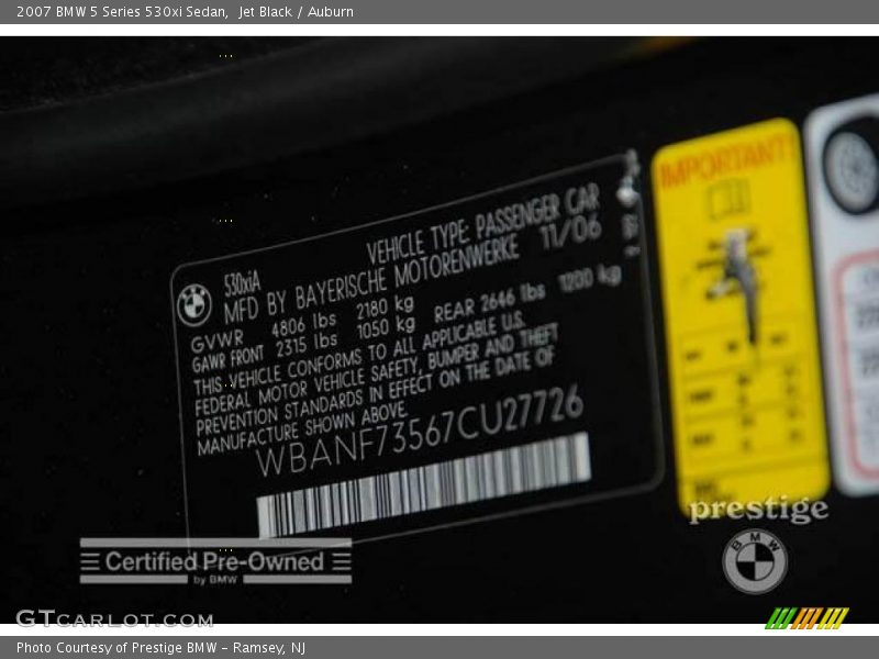 Jet Black / Auburn 2007 BMW 5 Series 530xi Sedan