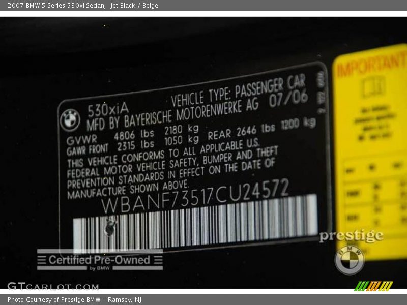 Jet Black / Beige 2007 BMW 5 Series 530xi Sedan