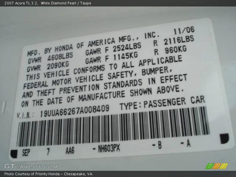 White Diamond Pearl / Taupe 2007 Acura TL 3.2