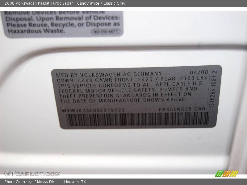 Candy White / Classic Gray 2008 Volkswagen Passat Turbo Sedan