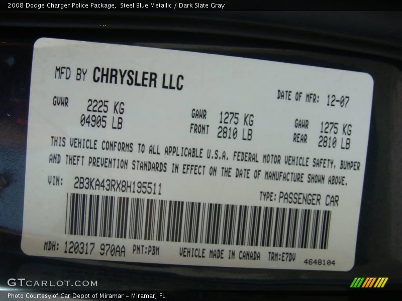 Steel Blue Metallic / Dark Slate Gray 2008 Dodge Charger Police Package