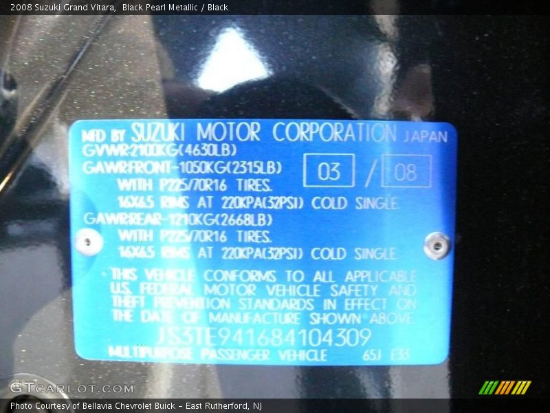 Black Pearl Metallic / Black 2008 Suzuki Grand Vitara