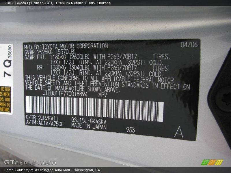 Titanium Metallic / Dark Charcoal 2007 Toyota FJ Cruiser 4WD