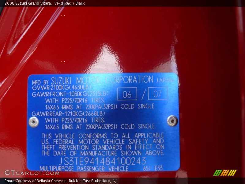 Vivid Red / Black 2008 Suzuki Grand Vitara