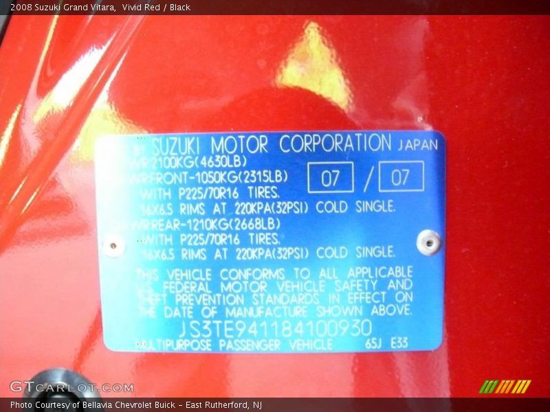 Vivid Red / Black 2008 Suzuki Grand Vitara