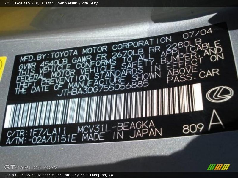 Classic Silver Metallic / Ash Gray 2005 Lexus ES 330