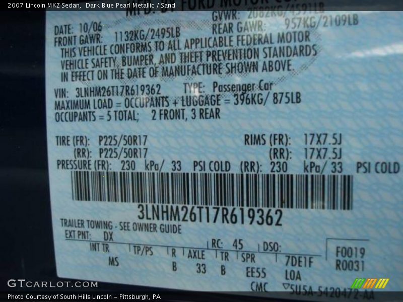 Dark Blue Pearl Metallic / Sand 2007 Lincoln MKZ Sedan