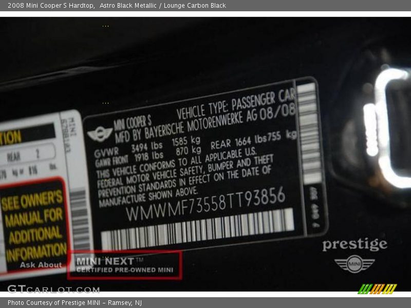 Astro Black Metallic / Lounge Carbon Black 2008 Mini Cooper S Hardtop