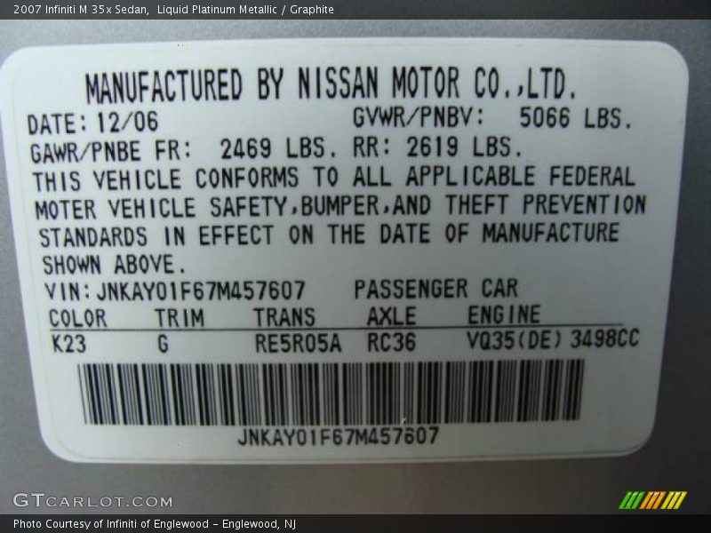 Liquid Platinum Metallic / Graphite 2007 Infiniti M 35x Sedan