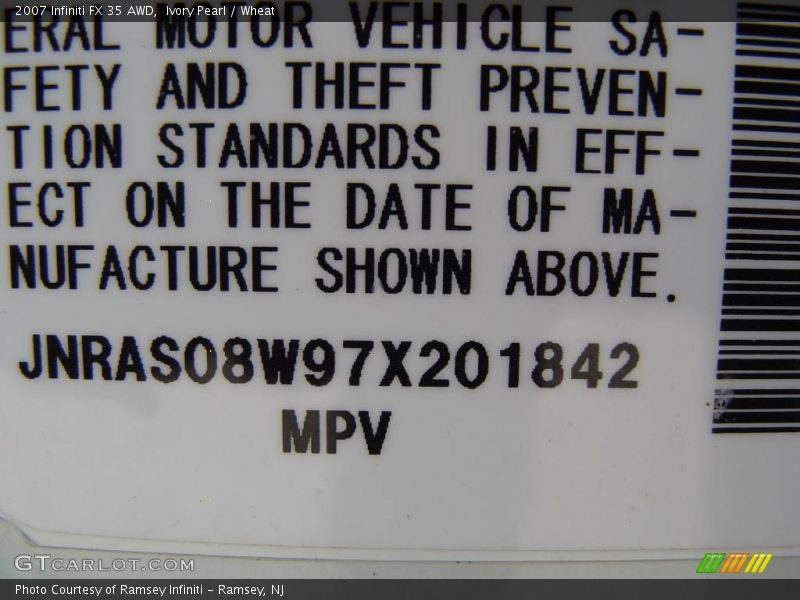Ivory Pearl / Wheat 2007 Infiniti FX 35 AWD