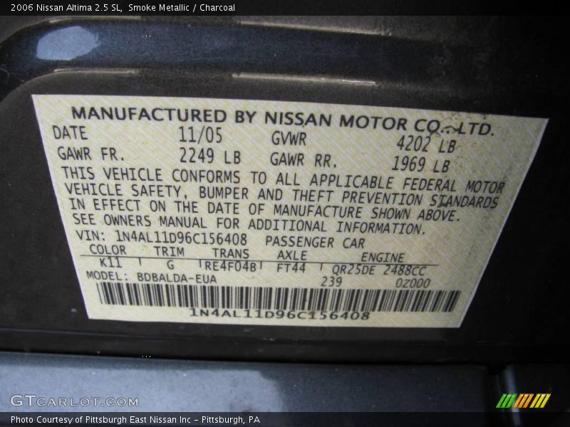 Smoke Metallic / Charcoal 2006 Nissan Altima 2.5 SL