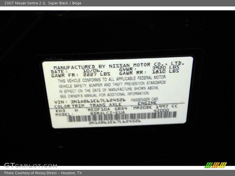 Super Black / Beige 2007 Nissan Sentra 2.0
