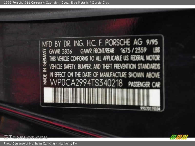 Ocean Blue Metallic / Classic Grey 1996 Porsche 911 Carrera 4 Cabriolet
