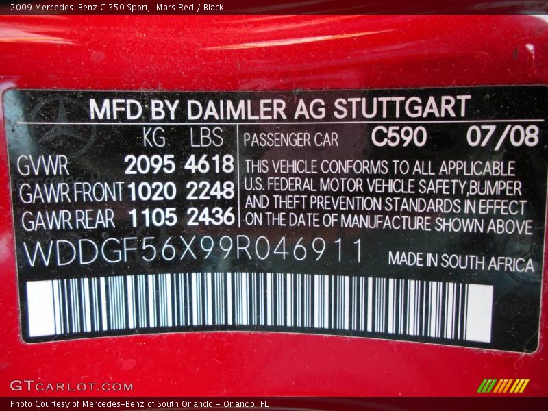 Mars Red / Black 2009 Mercedes-Benz C 350 Sport