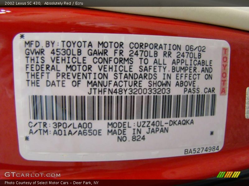 Info Tag of 2002 SC 430