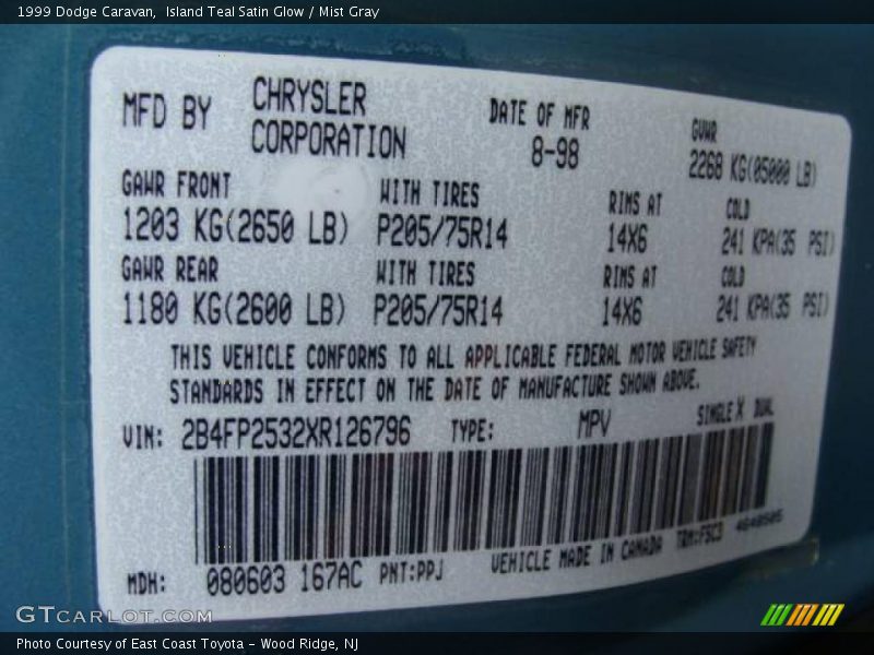 Island Teal Satin Glow / Mist Gray 1999 Dodge Caravan