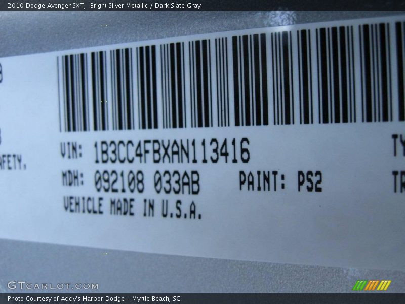 Bright Silver Metallic / Dark Slate Gray 2010 Dodge Avenger SXT