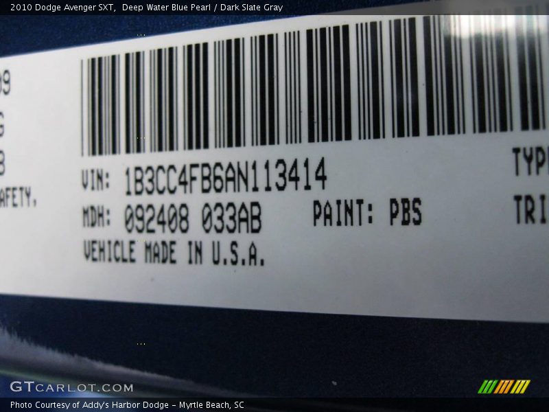 Deep Water Blue Pearl / Dark Slate Gray 2010 Dodge Avenger SXT