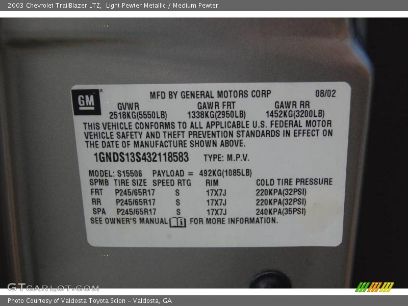 Light Pewter Metallic / Medium Pewter 2003 Chevrolet TrailBlazer LTZ