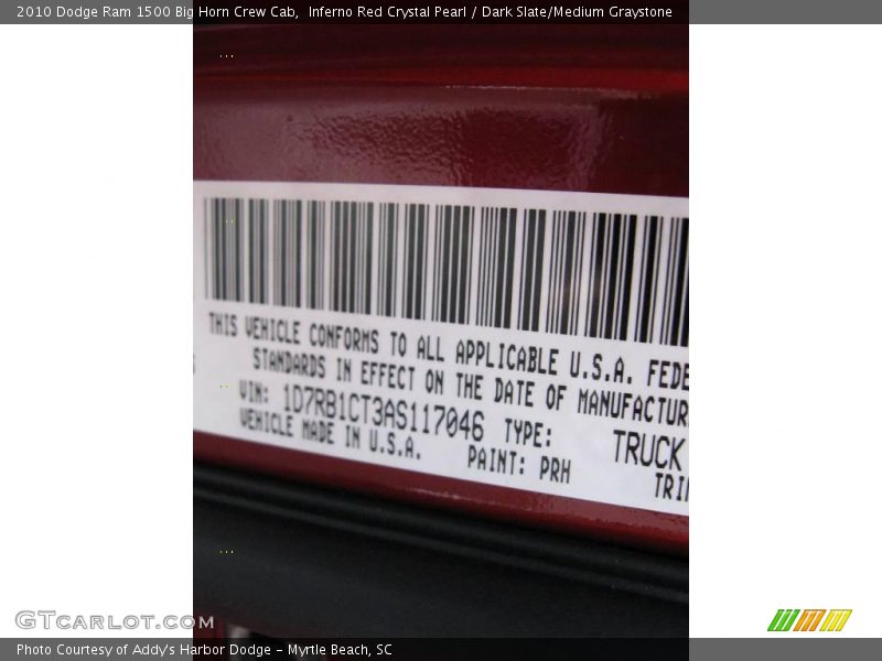 2010 Ram 1500 Big Horn Crew Cab Inferno Red Crystal Pearl Color Code PRH