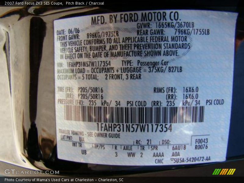 Pitch Black / Charcoal 2007 Ford Focus ZX3 SES Coupe