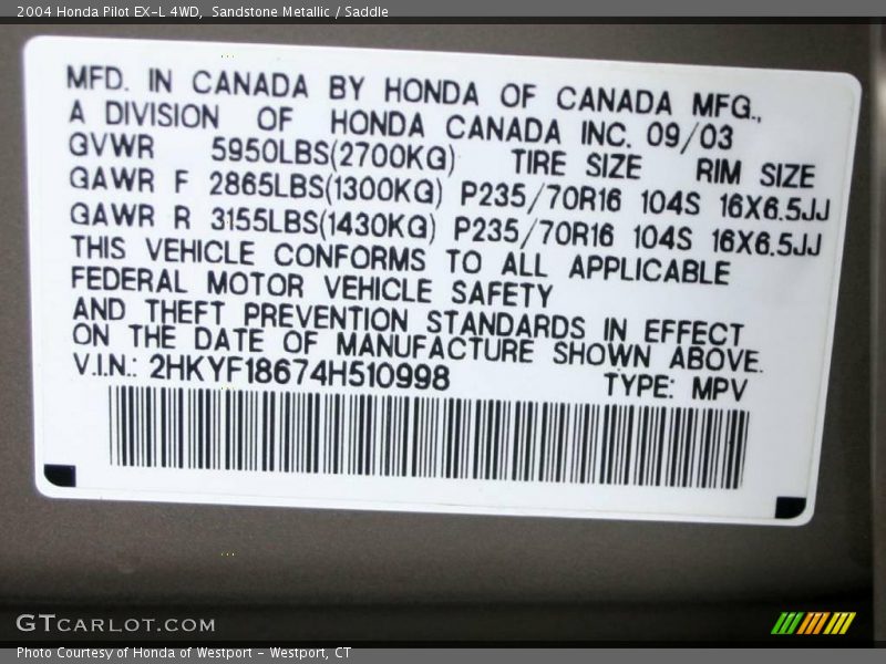 Sandstone Metallic / Saddle 2004 Honda Pilot EX-L 4WD