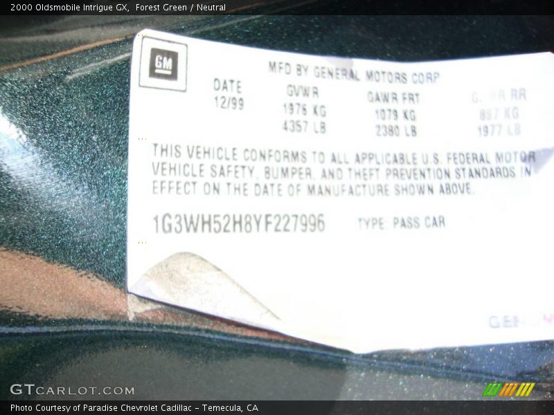 Forest Green / Neutral 2000 Oldsmobile Intrigue GX