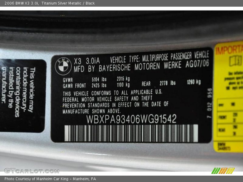 Titanium Silver Metallic / Black 2006 BMW X3 3.0i