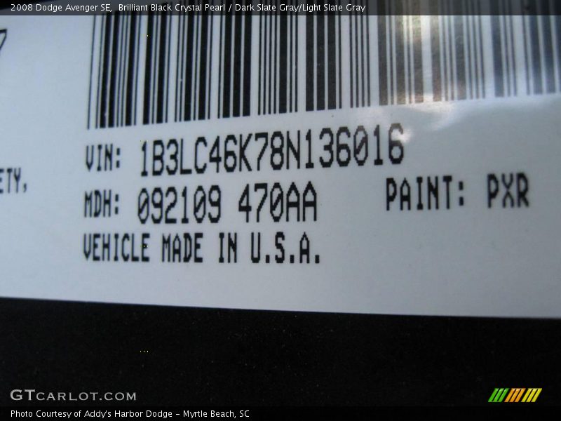 Brilliant Black Crystal Pearl / Dark Slate Gray/Light Slate Gray 2008 Dodge Avenger SE