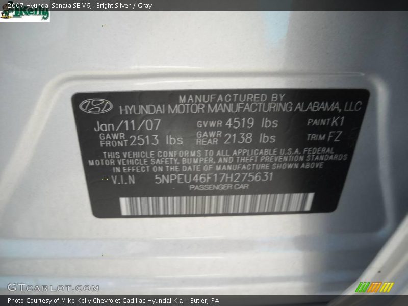 Bright Silver / Gray 2007 Hyundai Sonata SE V6