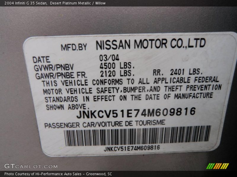 Desert Platinum Metallic / Willow 2004 Infiniti G 35 Sedan